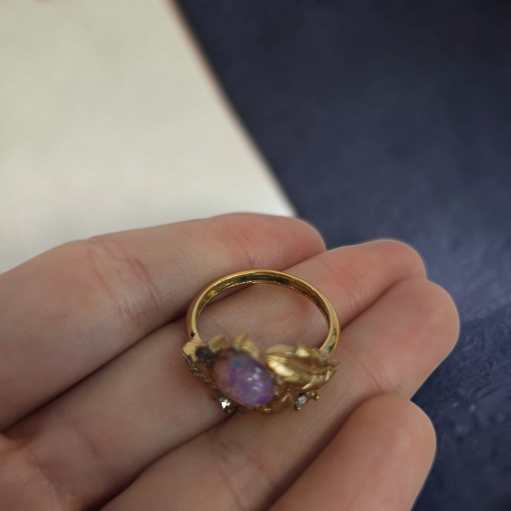 Vintage Gold Tone Cocktail Ring Set Teal, Faux Opal Sarah Coventry & Fire Flower - Picture 11 of 16